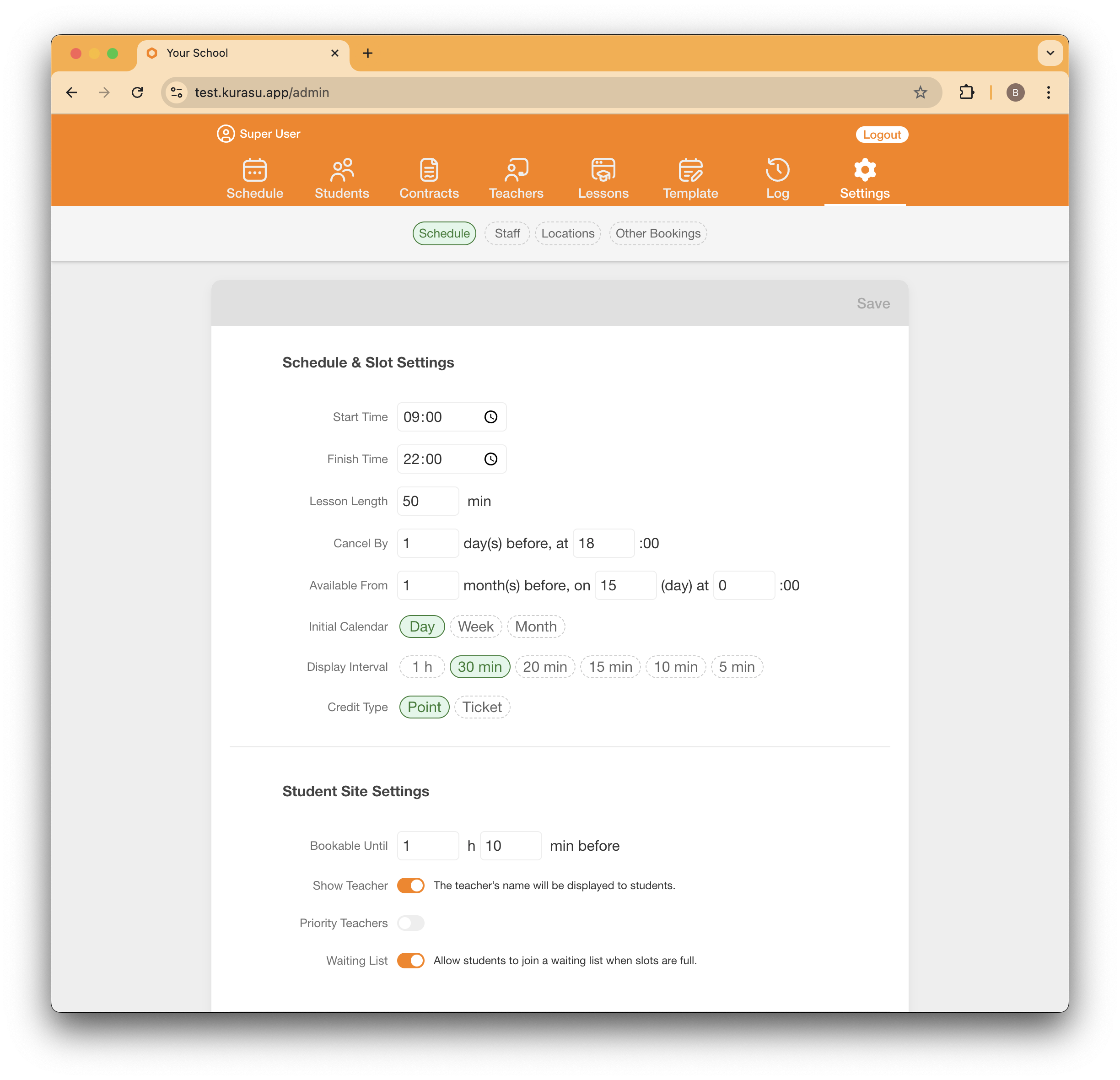 School settings page for configuring booking rules, cancellation policies, and system preferences