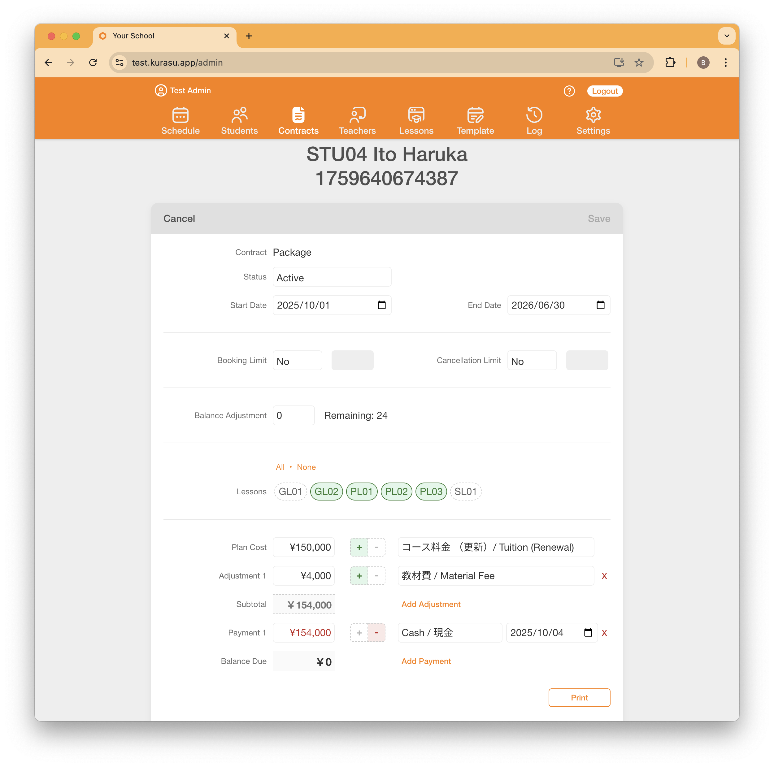 Detailed contract view showing contract term, credit balance, lesson access permissions, and payment history