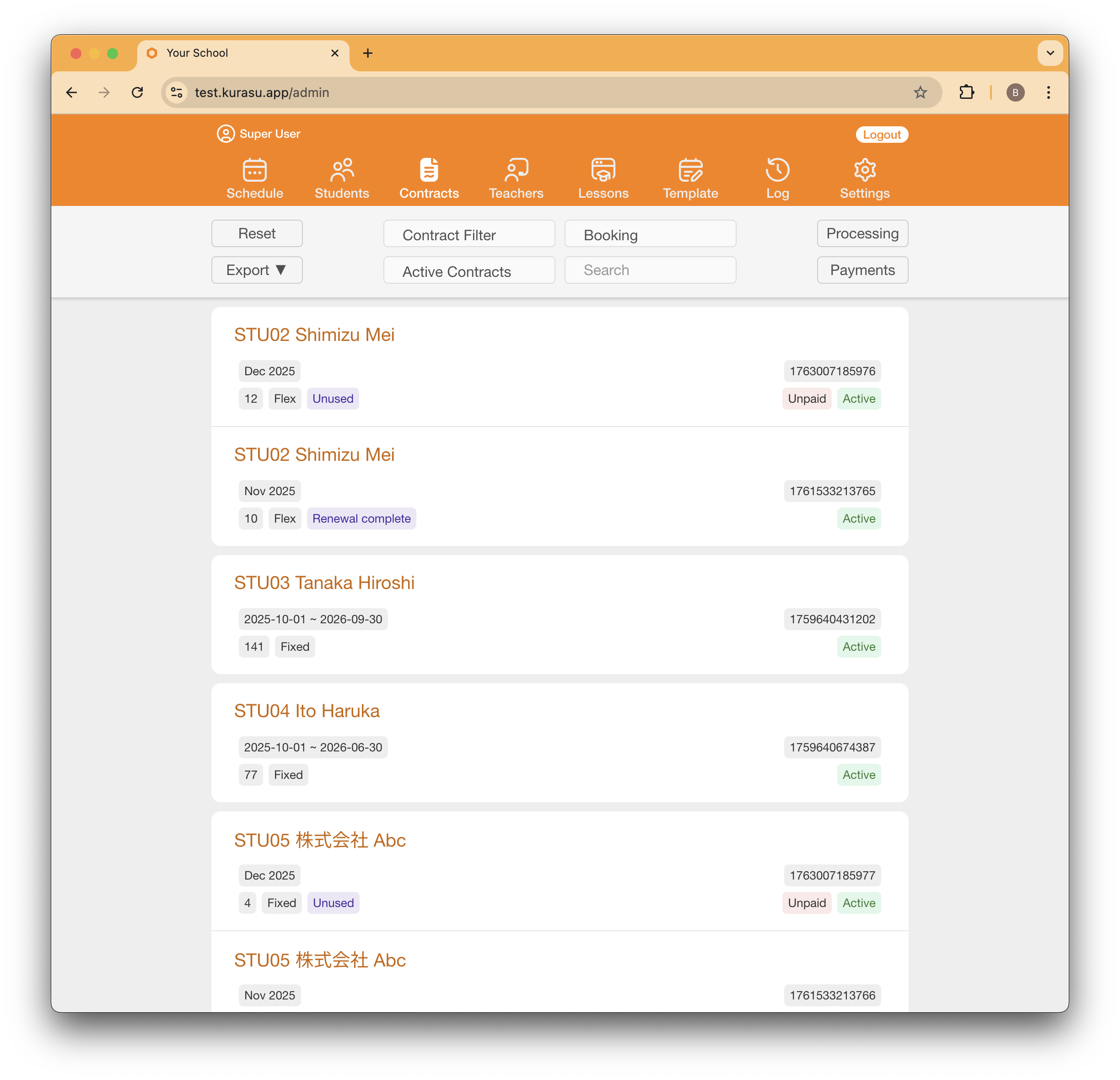 Contract management dashboard displaying student enrollment status, payment tracking, and renewal dates