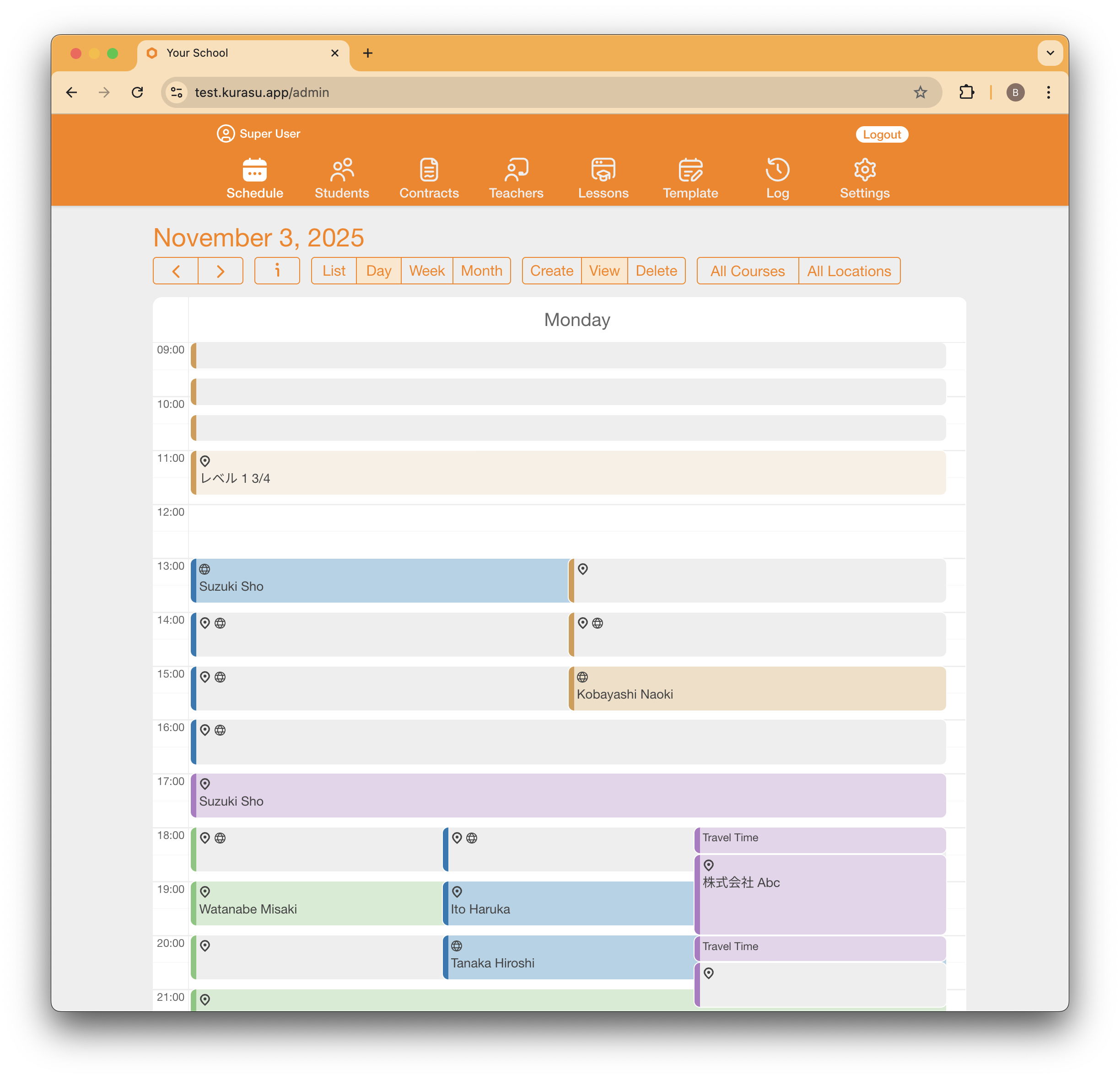 Daily schedule view showing detailed hourly breakdown of lessons and teacher availability