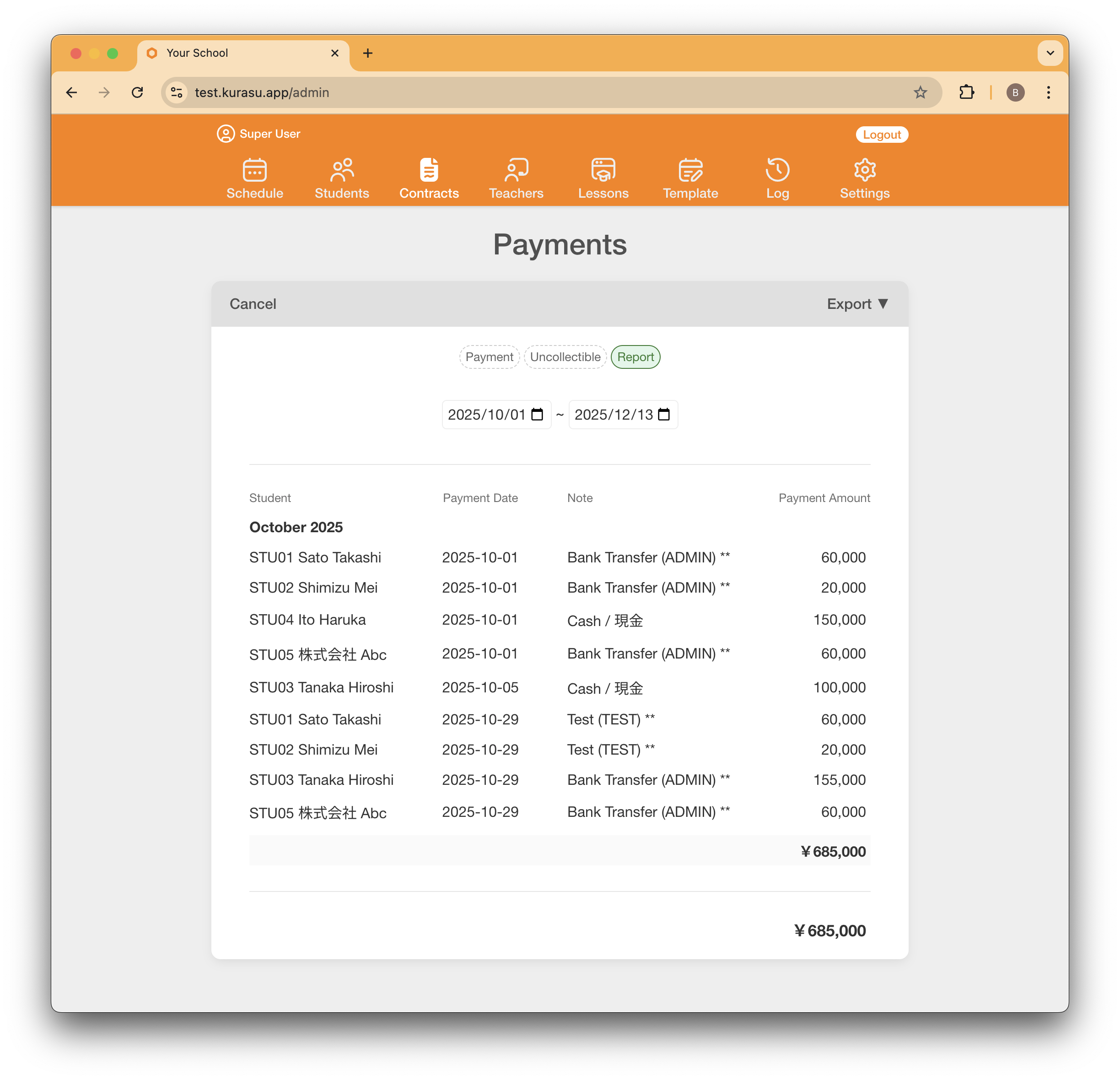 Payment tracking report with monthly revenue, outstanding balances, and export functionality