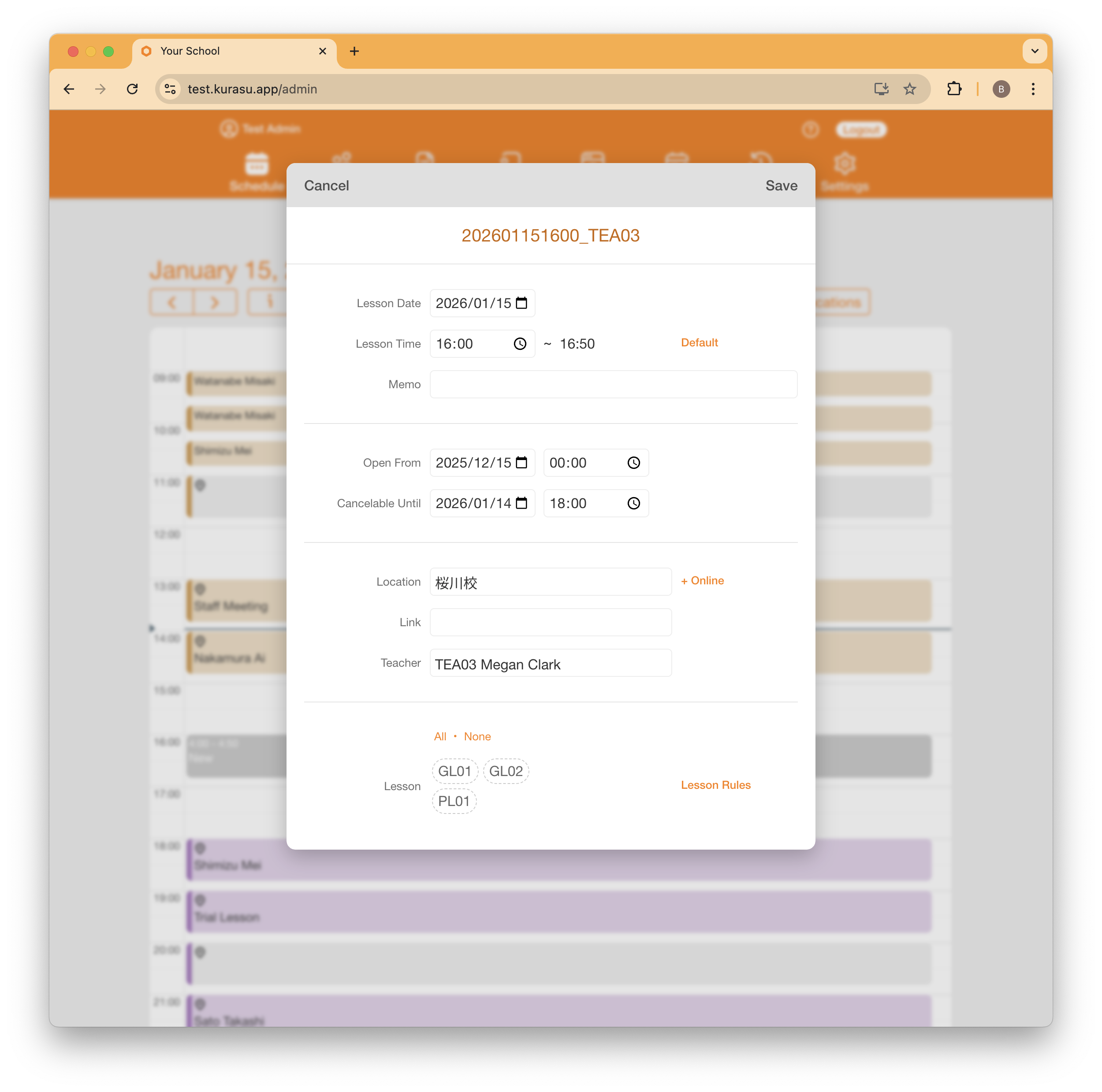 Booking slot configuration showing date, time, teacher assignment, location, available lessons, and booking window settings