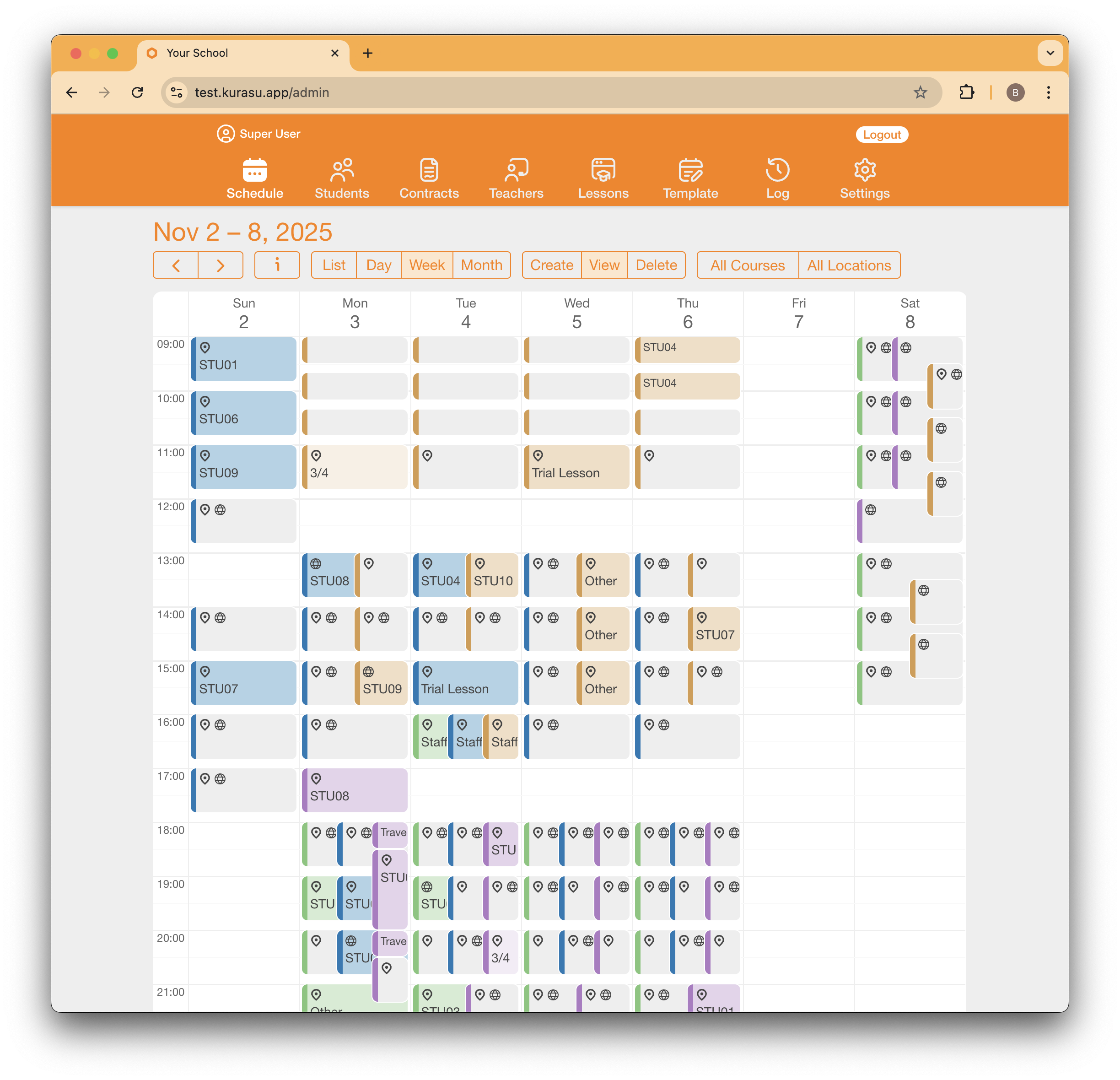 ClassHub weekly calendar displaying color-coded teacher schedules with student bookings and available time slots