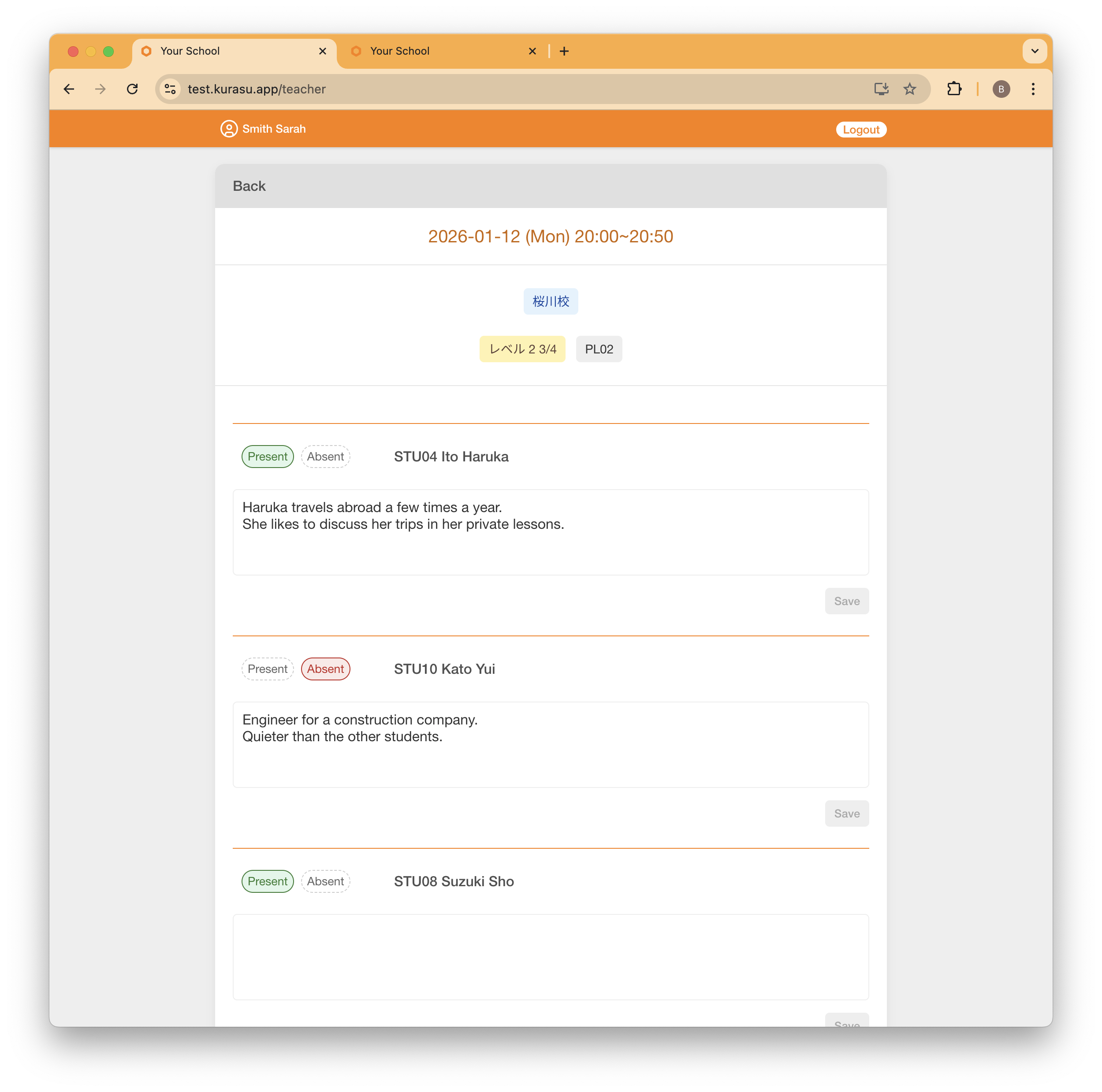 Teacher lesson view showing student profiles, attendance marking options, and lesson information
